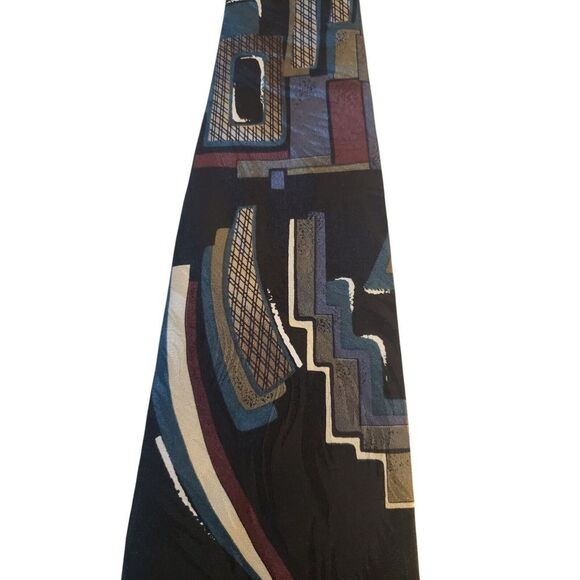 Chez Roffe New York Mens Tie Necktie Designer Luxury Black Teal Blue Abstract - Picture 2 of 12